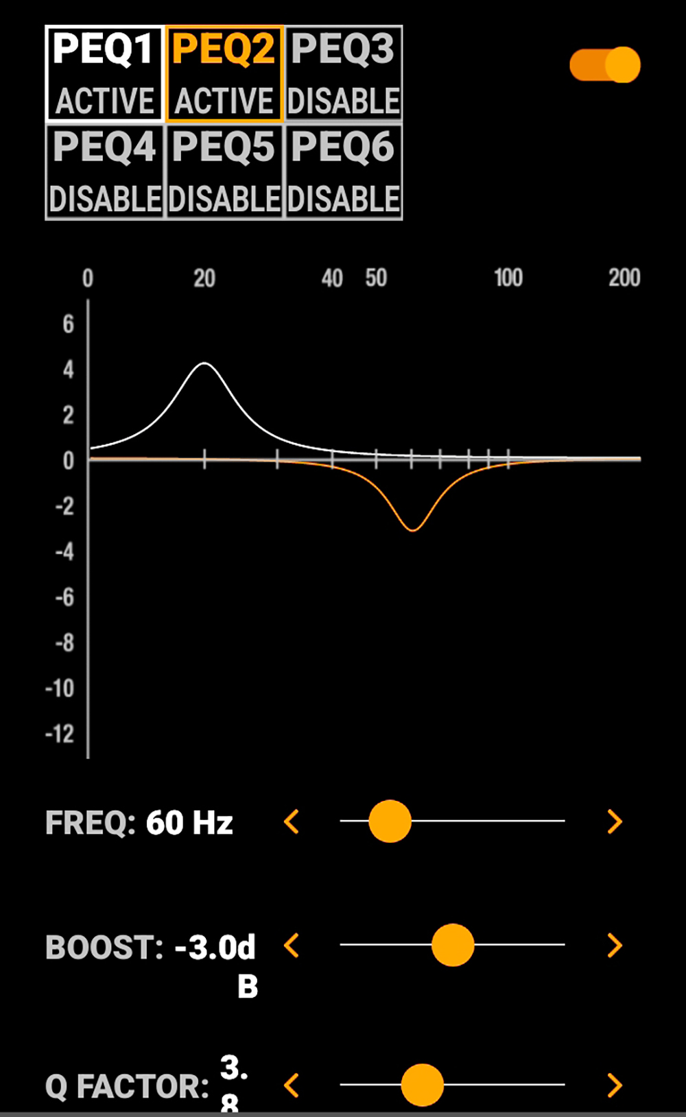 SVS 配套应用程序的屏幕截图显示了六个可用的 PEQ 频段，其中 SVS PB17-Ultra R_Evoluti.jpg